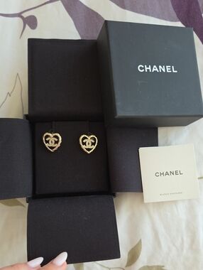 CHANEL Gold Heart CC Logo Stud Earrings